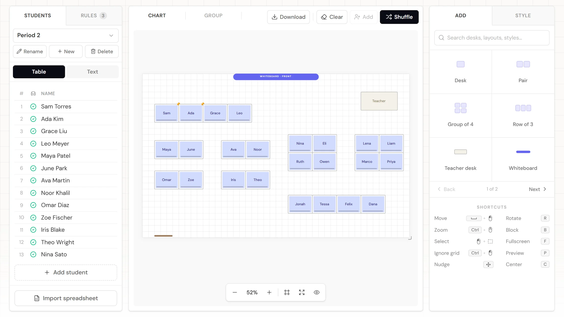 A finished classroom seating chart in the EMStudio seating chart maker, with desks arranged in pairs and pods and student names assigned