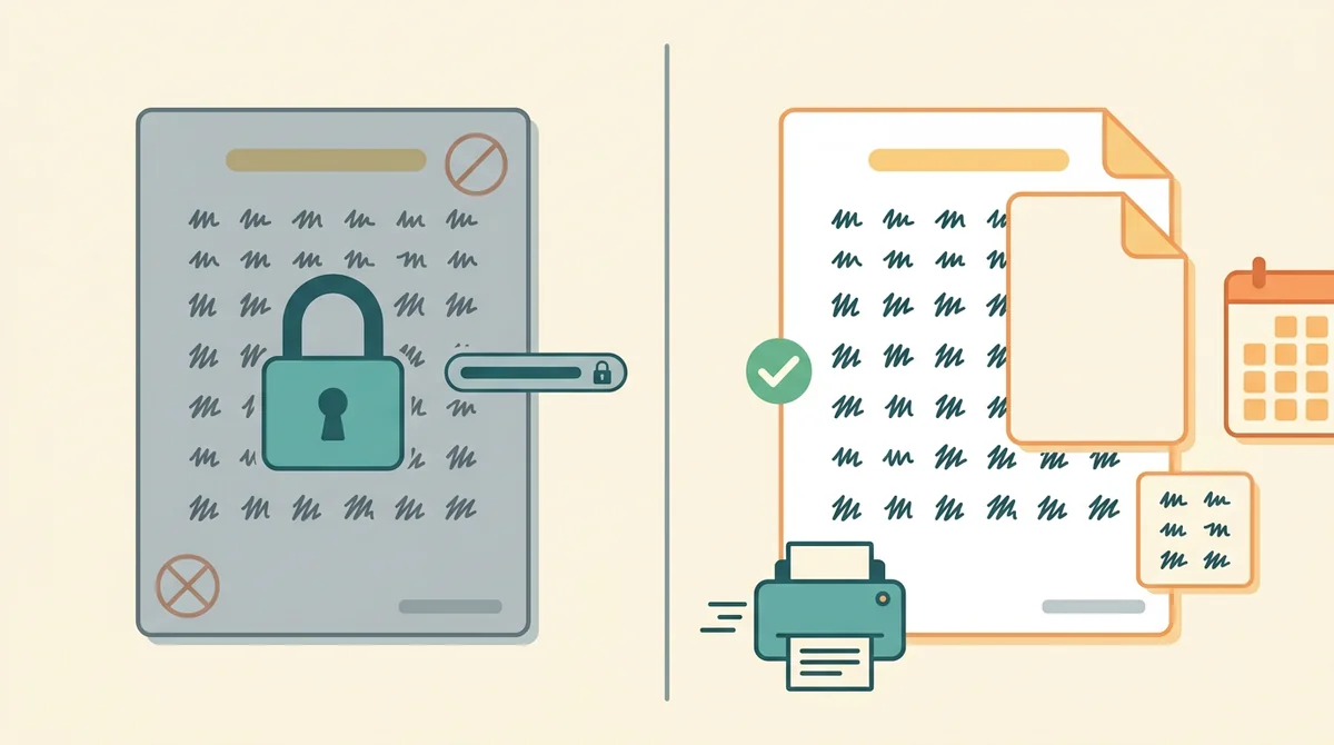 A printed sentence scramble with an answer key beside it, an unlocked padlock, and a crossed-out price tag