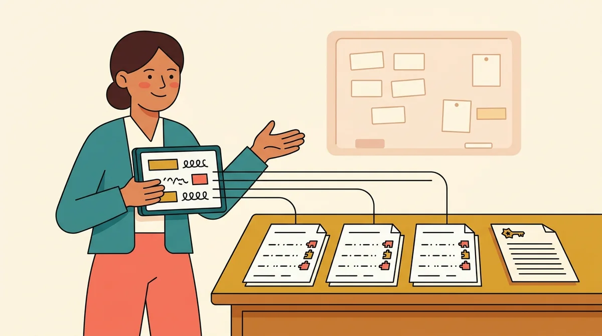 A teacher handing out printed sentence scramble sheets to a row of students at their desks