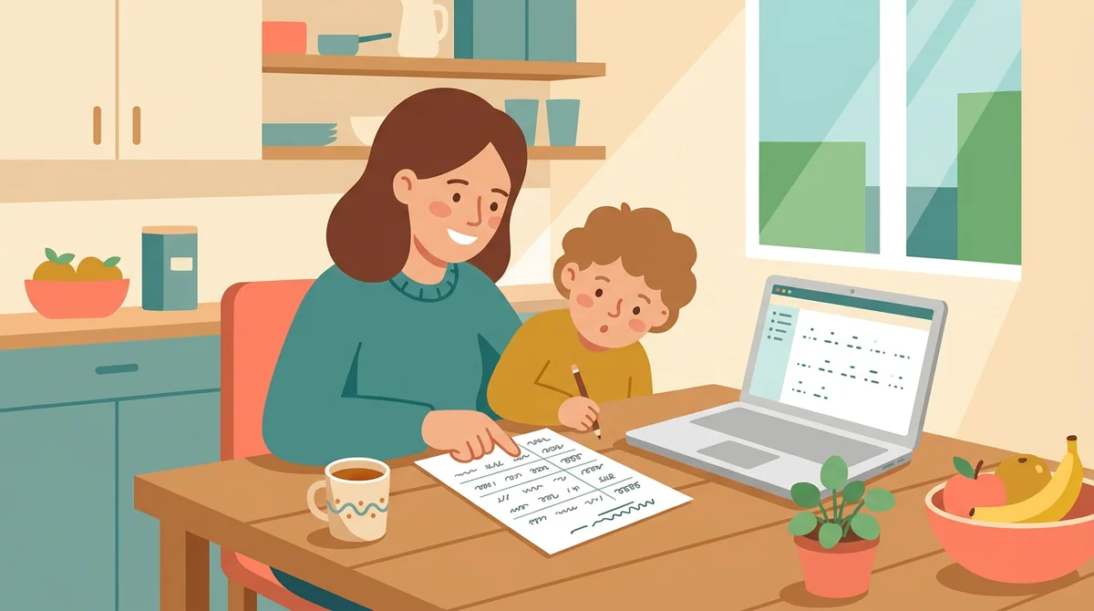A parent and a child at a kitchen table with a laptop and a printed sentence scramble being filled in with a pencil