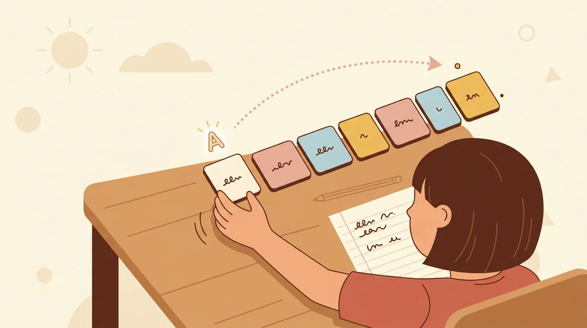 A teacher at a desk typing short sentences into a laptop while a printed sentence scramble sits beside the keyboard