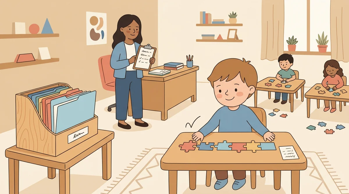 A student at a desk writing a sentence on a line under scrambled word cards while classmates still work in the background