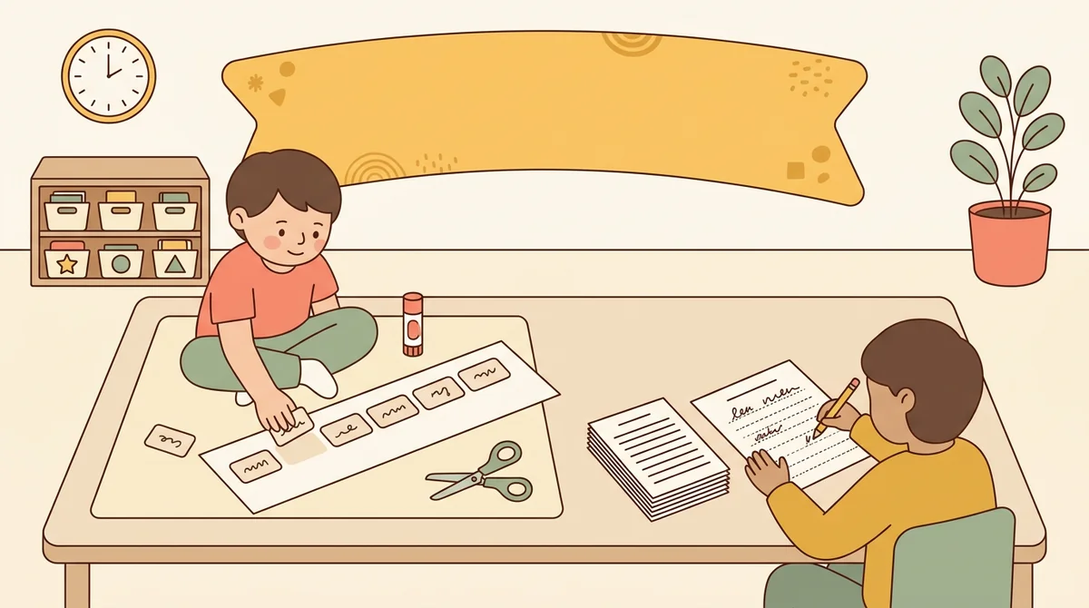 Scissors, a glue stick, and a printed sheet of word cards on a table beside a stack of sentence scramble pages