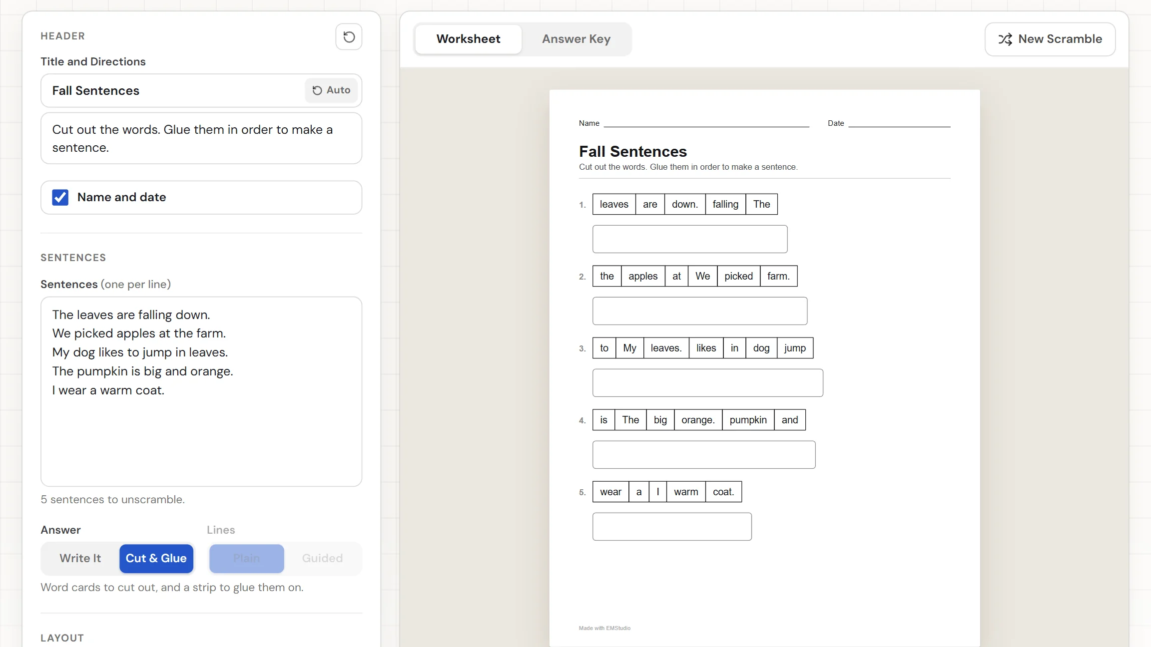 The EMStudio sentence scramble generator showing a finished sheet of scrambled sentences with the sentences box and settings on the left and the Worksheet and Answer Key tabs above the sheet