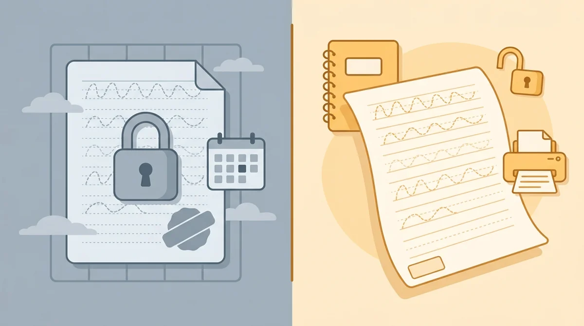 A printed sentence tracing sheet, an unlocked padlock, and a crossed-out price tag