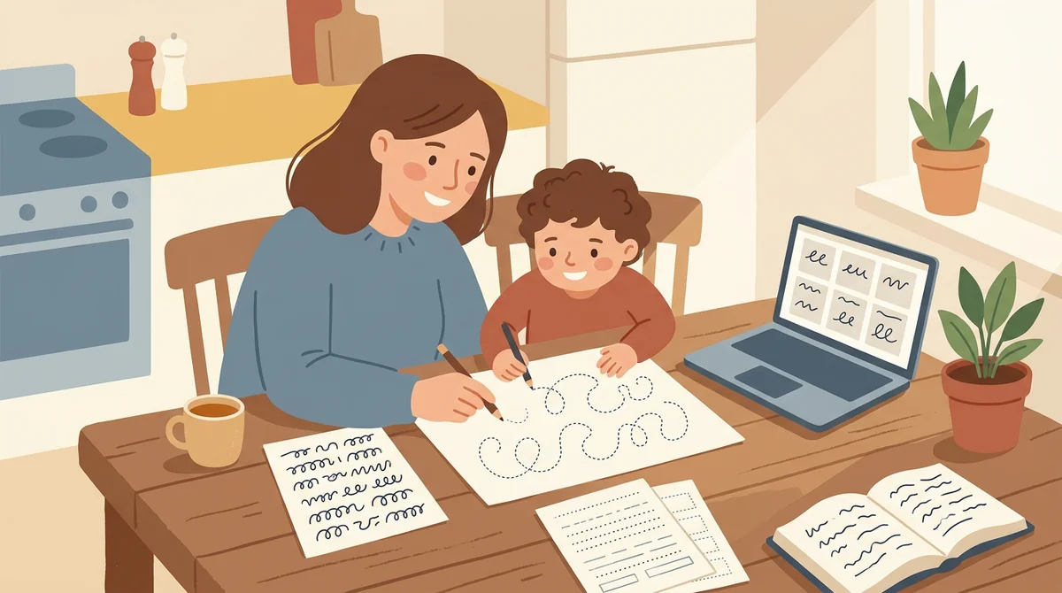 A parent and a child at a kitchen table with a laptop and a printed tracing sheet being filled in with a pencil