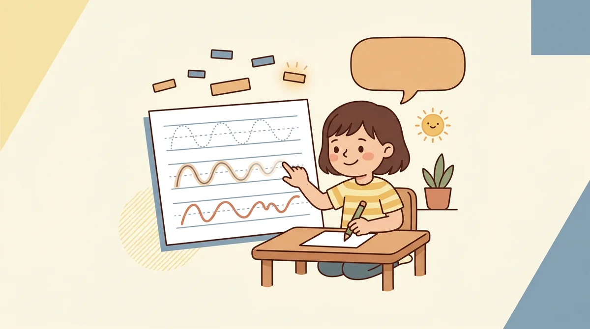 A student at a desk tracing a dotted sentence with a pencil, with a second empty writing line below it