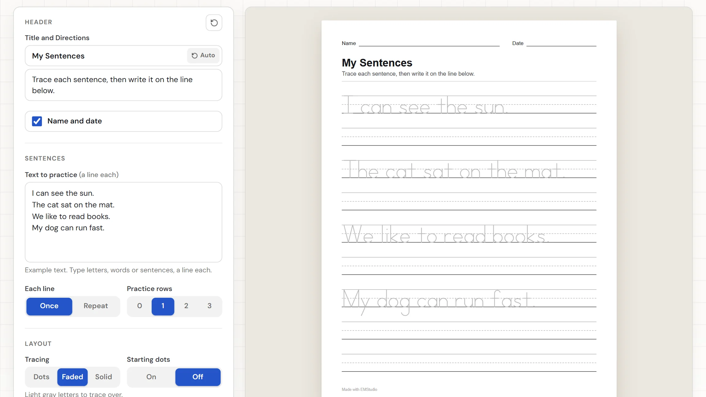 The EMStudio sentence tracing generator showing a finished sheet of dotted sentences on writing lines, with the text box and settings on the left and the Worksheet preview beside them