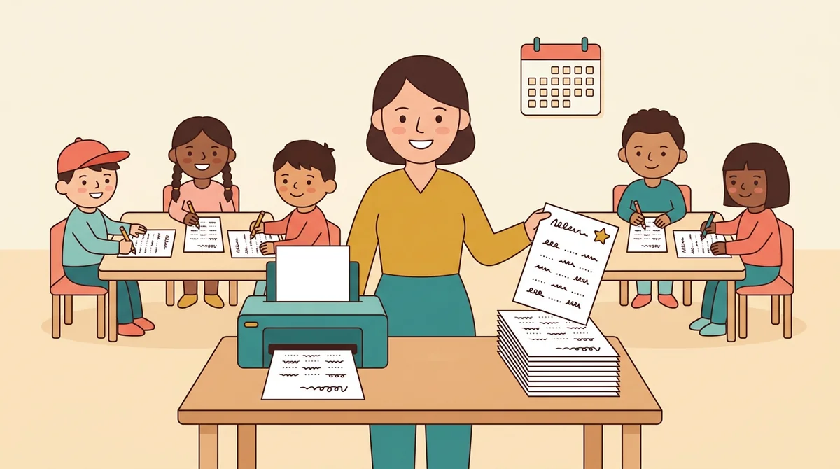 A teacher handing out printed sight word worksheets to a row of young students at their desks