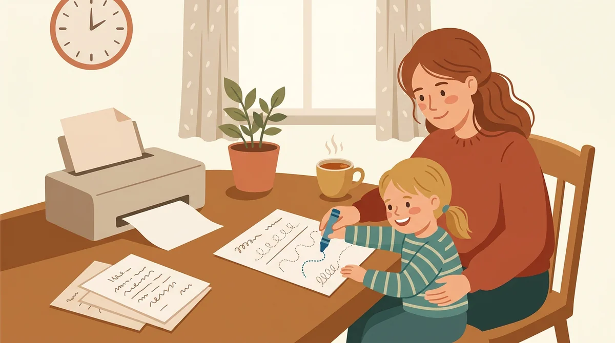 A parent and a young child at a kitchen table with a laptop and a printed sight word worksheet being traced with a pencil