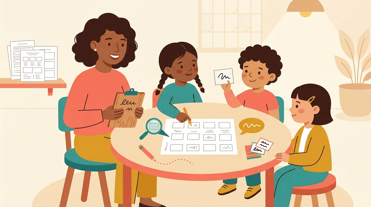 A reading specialist at a table with a small group of learners working on printed word blocks