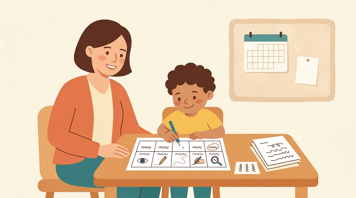 A teacher at a desk typing a short list of sight words into a laptop while a printed worksheet with framed word blocks sits beside the keyboard