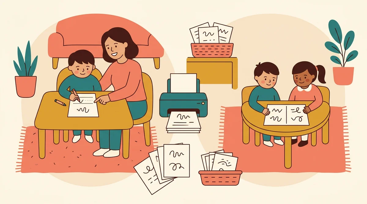 A child at a small table tracing a dotted word with a pencil at a classroom literacy center