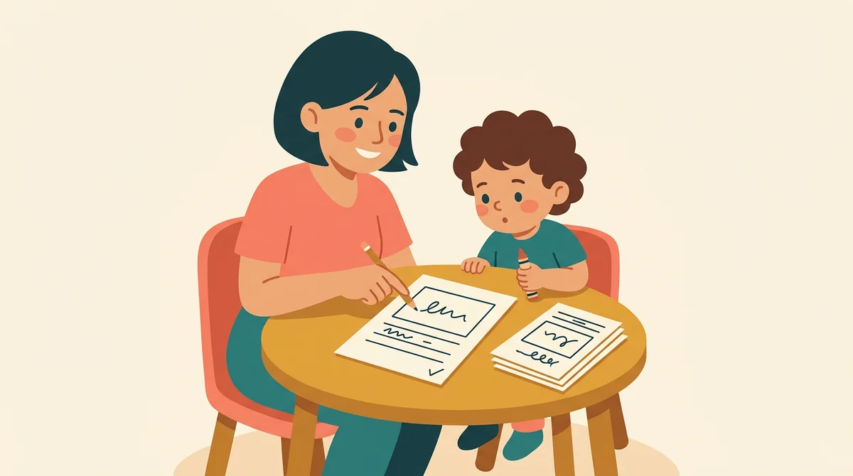 A teacher sitting beside one student at a table, a printed sight word page between them and a pencil in the child's hand