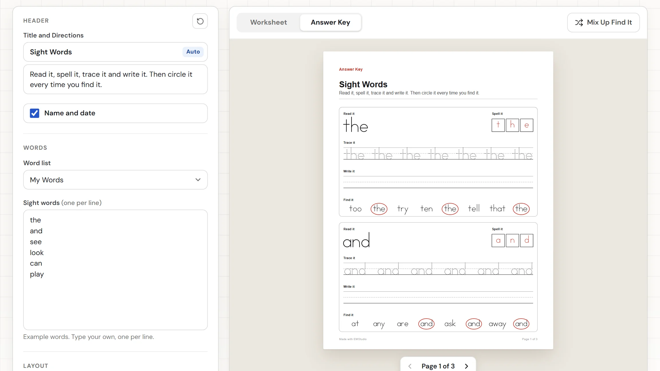 The EMStudio sight word worksheet generator showing a worksheet with two framed word blocks, the word list and settings on the left, and the Worksheet and Answer Key tabs above the sheet
