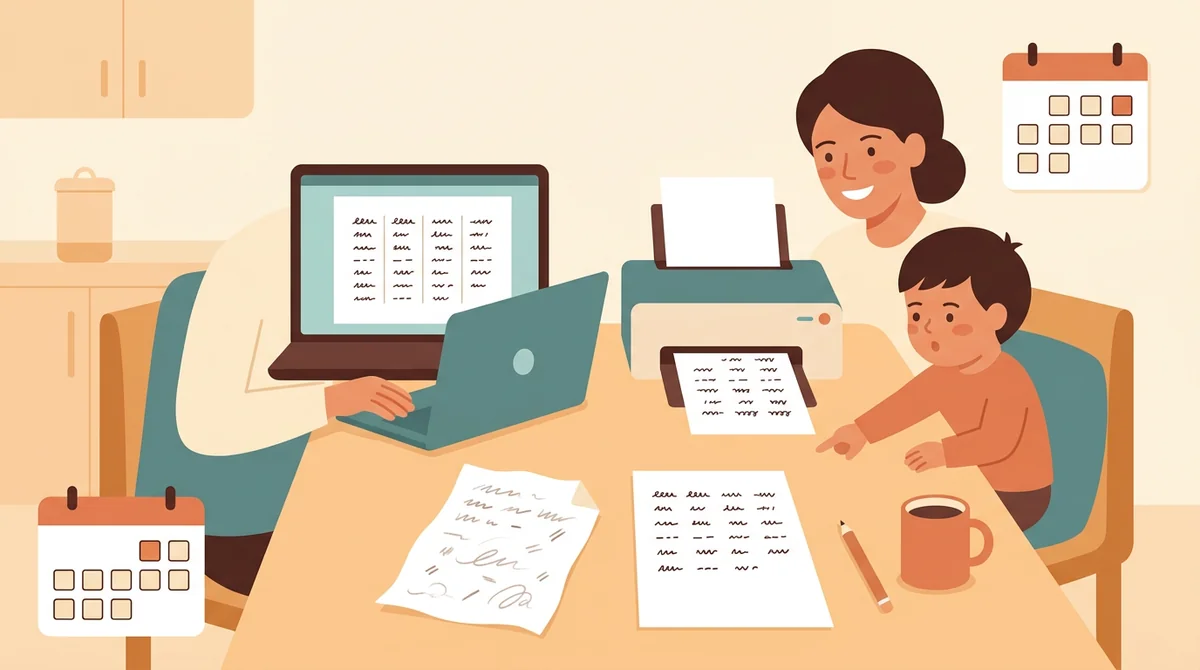 A parent and a child at a kitchen table with a laptop and a printed spelling test being filled in with a pencil