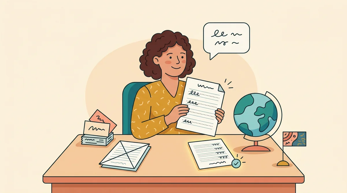 A language teacher at a table with a small group of learners writing words on printed spelling test sheets