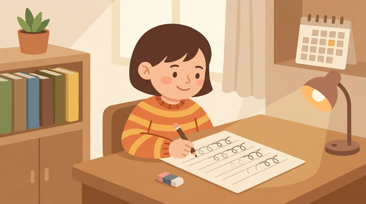 A student at a desk copying printed spelling words onto the writing lines of a practice sheet with a pencil