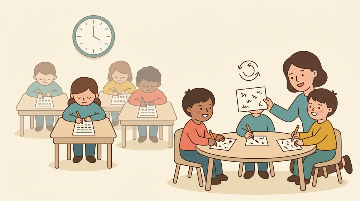 A teacher at a small table giving a short printed spelling test to two students