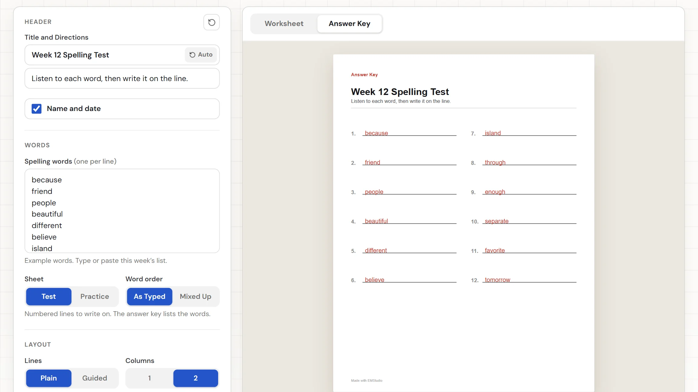 The EMStudio spelling test maker showing a finished spelling test with the spelling words box and settings on the left and the Worksheet and Answer Key tabs above the sheet