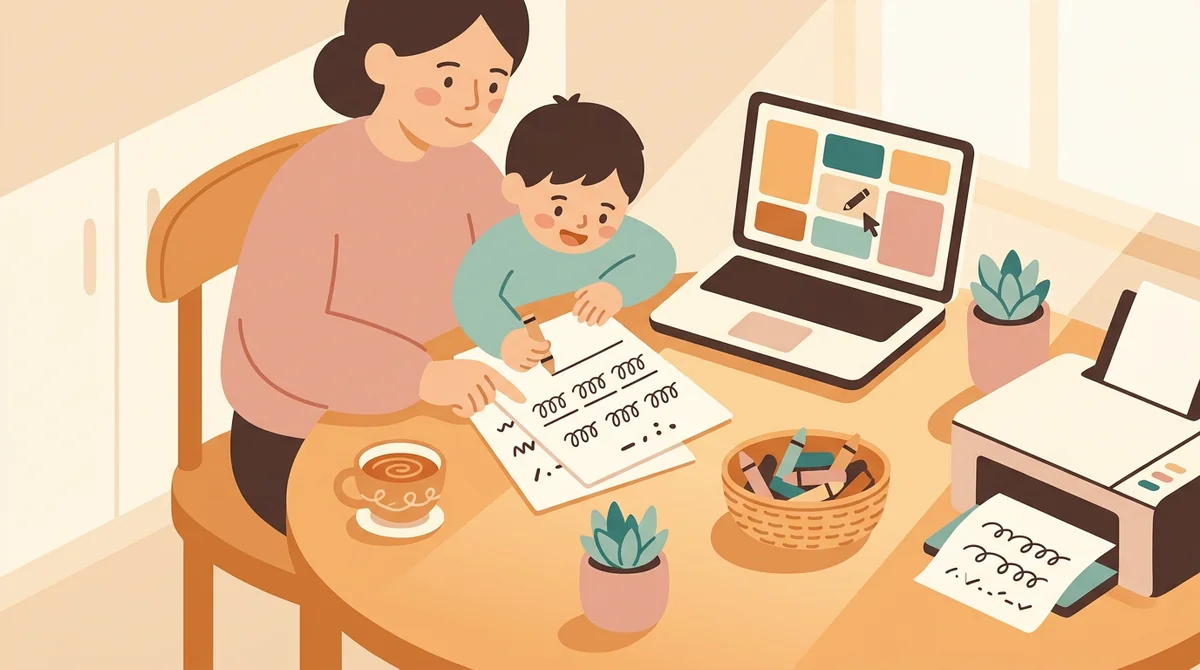 A parent and a child at a kitchen table with a laptop and a printed spelling worksheet being filled in with a pencil