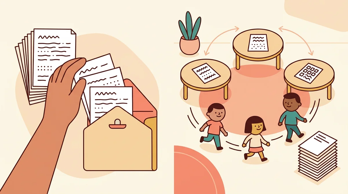 A student at a table writing letters into the boxes of a word shapes activity while a pencil case sits beside the page