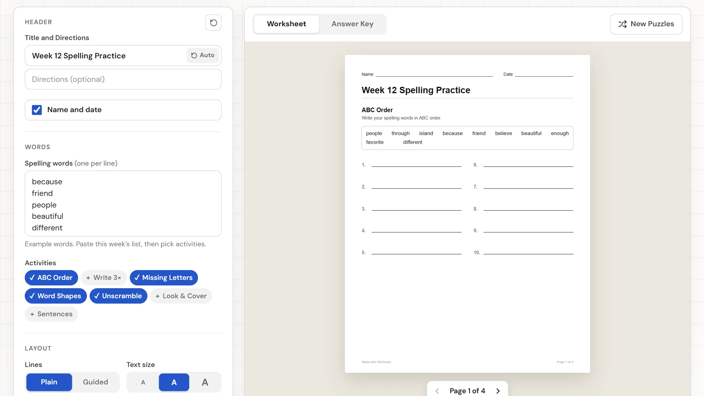 The EMStudio spelling worksheet generator showing a spelling packet with the word list and activity buttons on the left and the Worksheet and Answer Key tabs above the sheet