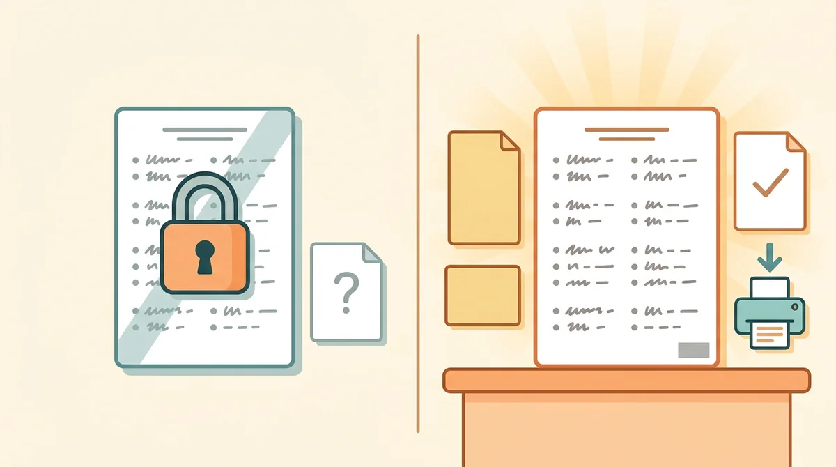 A printed subtraction worksheet with an answer key beside it, an unlocked padlock, and a crossed-out price tag