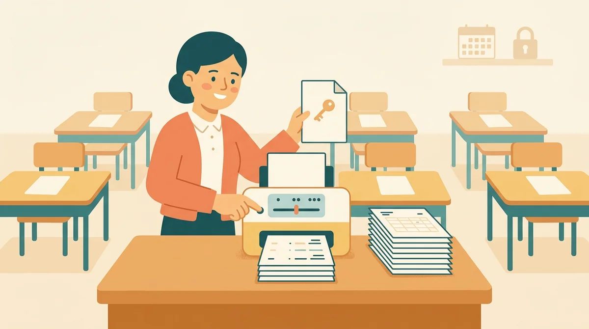 A teacher handing out printed subtraction sheets to a row of students at their desks