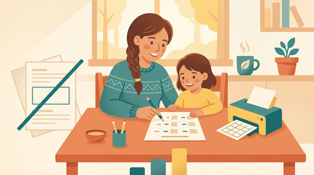 A parent and a child at a kitchen table with a laptop and a printed subtraction sheet being solved with a pencil