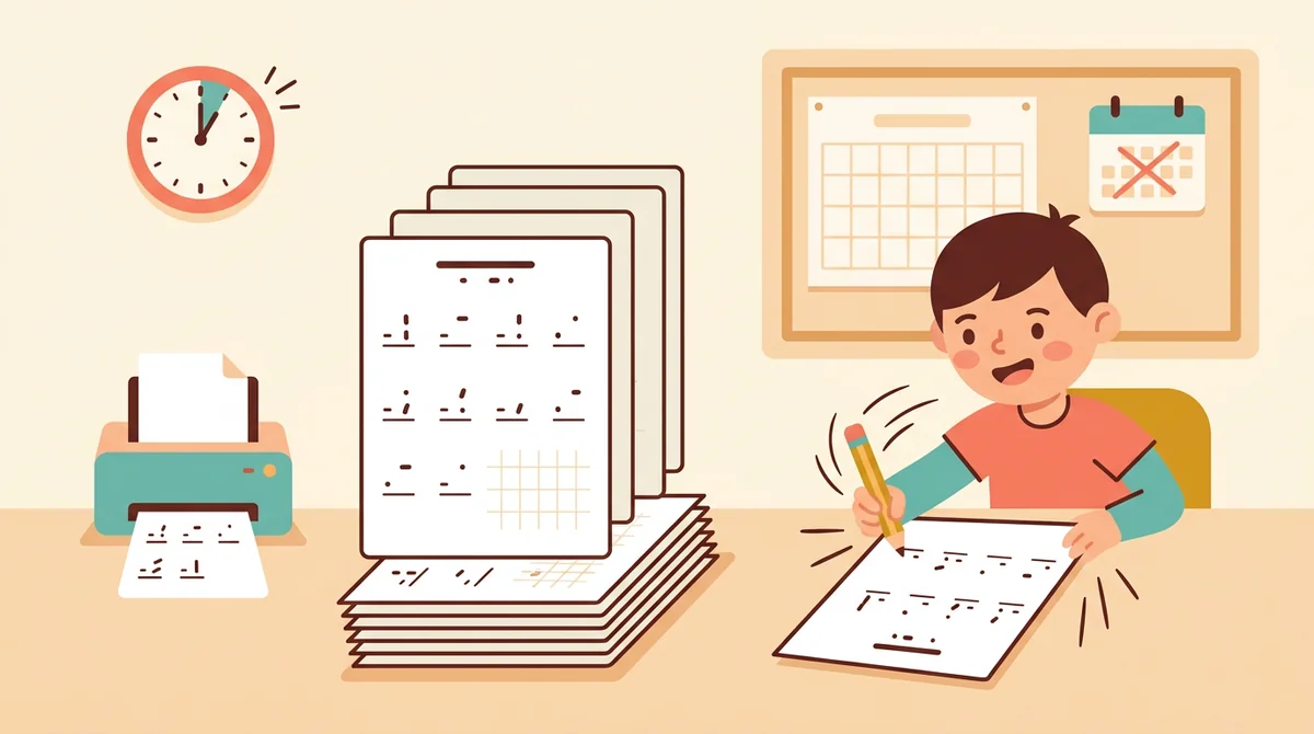 A teacher at a desk setting up a subtraction facts sheet on a laptop with a stack of printed warm-ups beside it