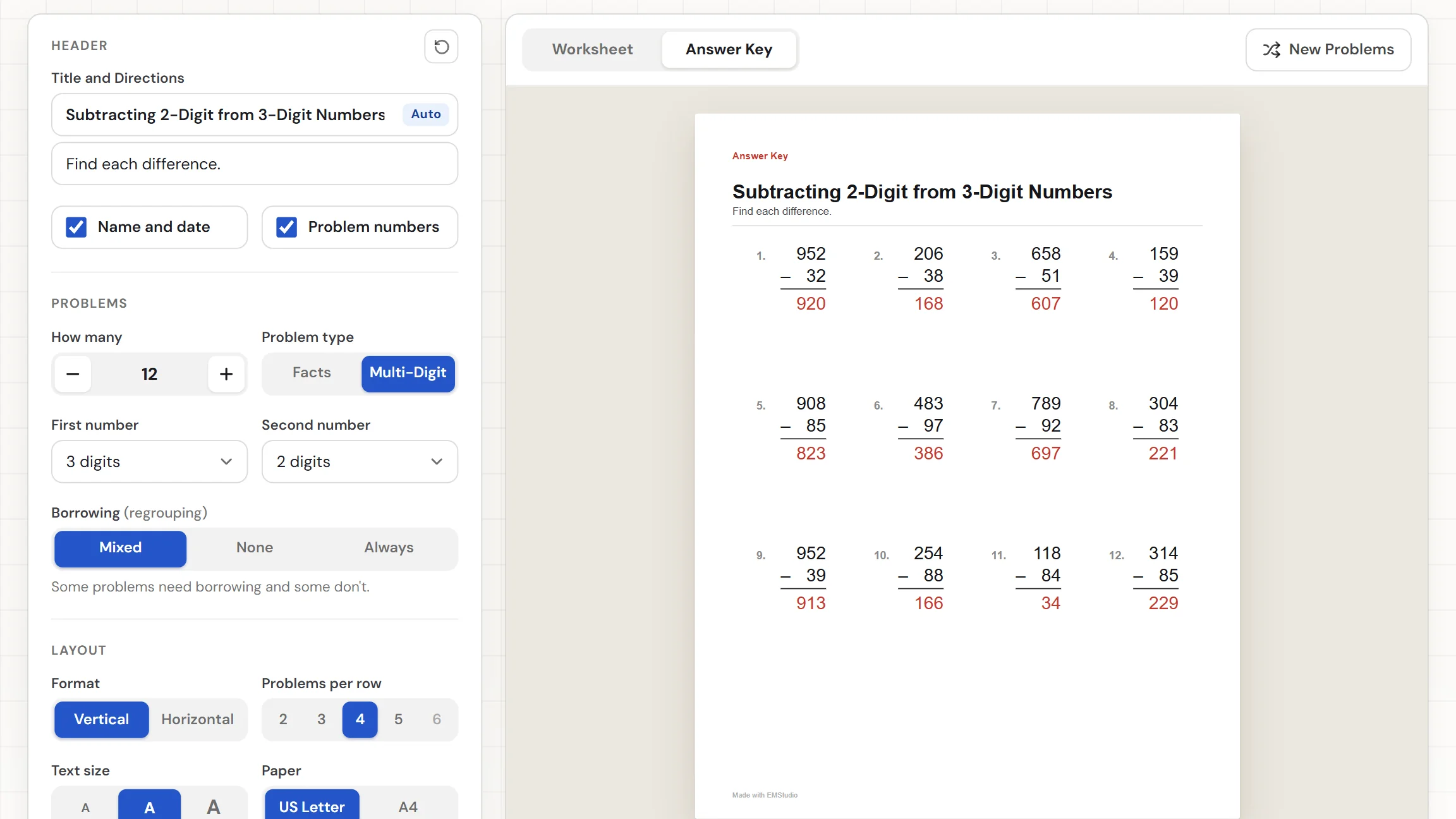 The EMStudio subtraction worksheet generator showing a finished sheet of vertical subtraction problems with the problem type and borrowing settings on the left and the Worksheet and Answer Key tabs above the paper