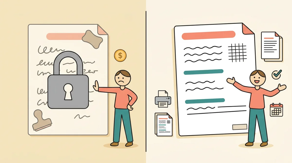 A printed test with an answer key beside it, an unlocked padlock, and a crossed-out price tag