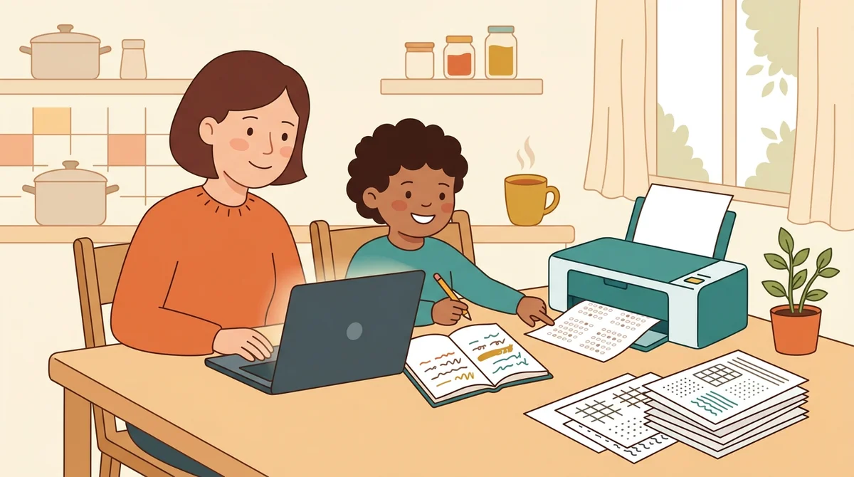 A parent and a child at a kitchen table with a laptop and a printed test being filled in with a pencil