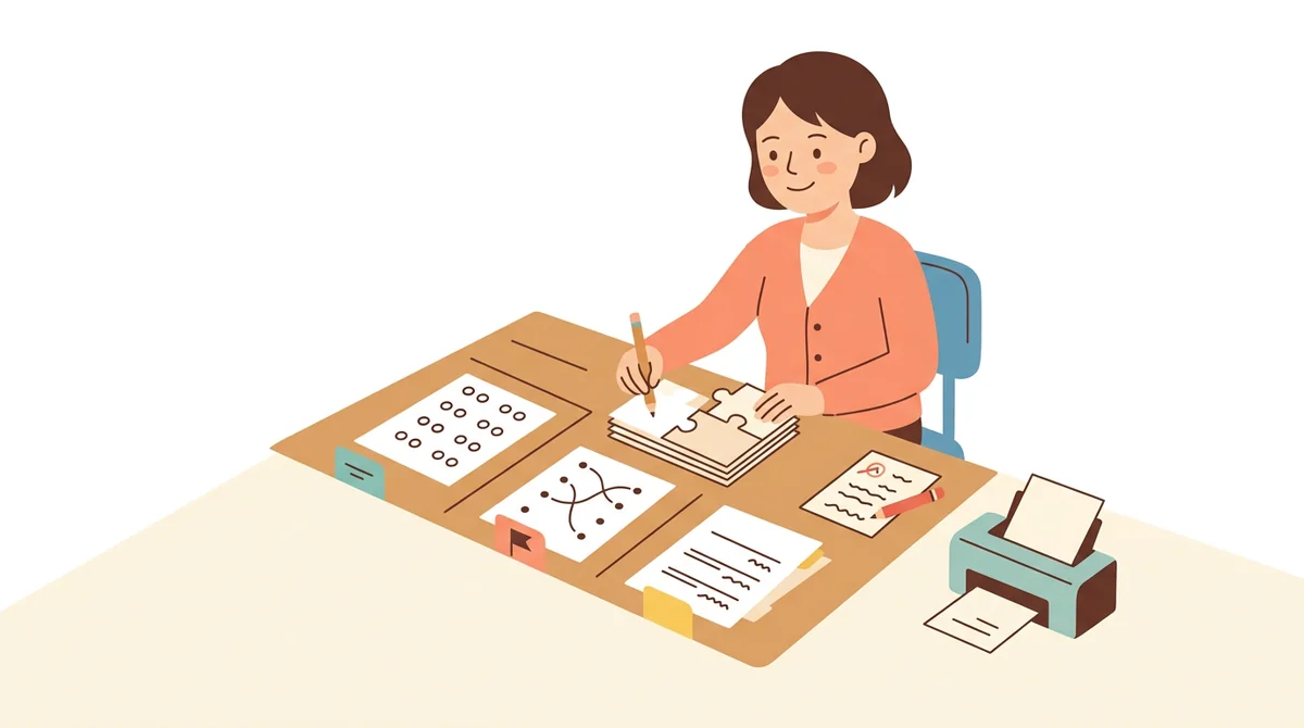 A teacher at a desk building a test on a laptop while a printed test and a red pen sit beside the keyboard