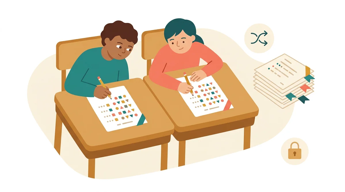 Students sitting in rows at their desks, each working on a printed test while a teacher walks between the rows