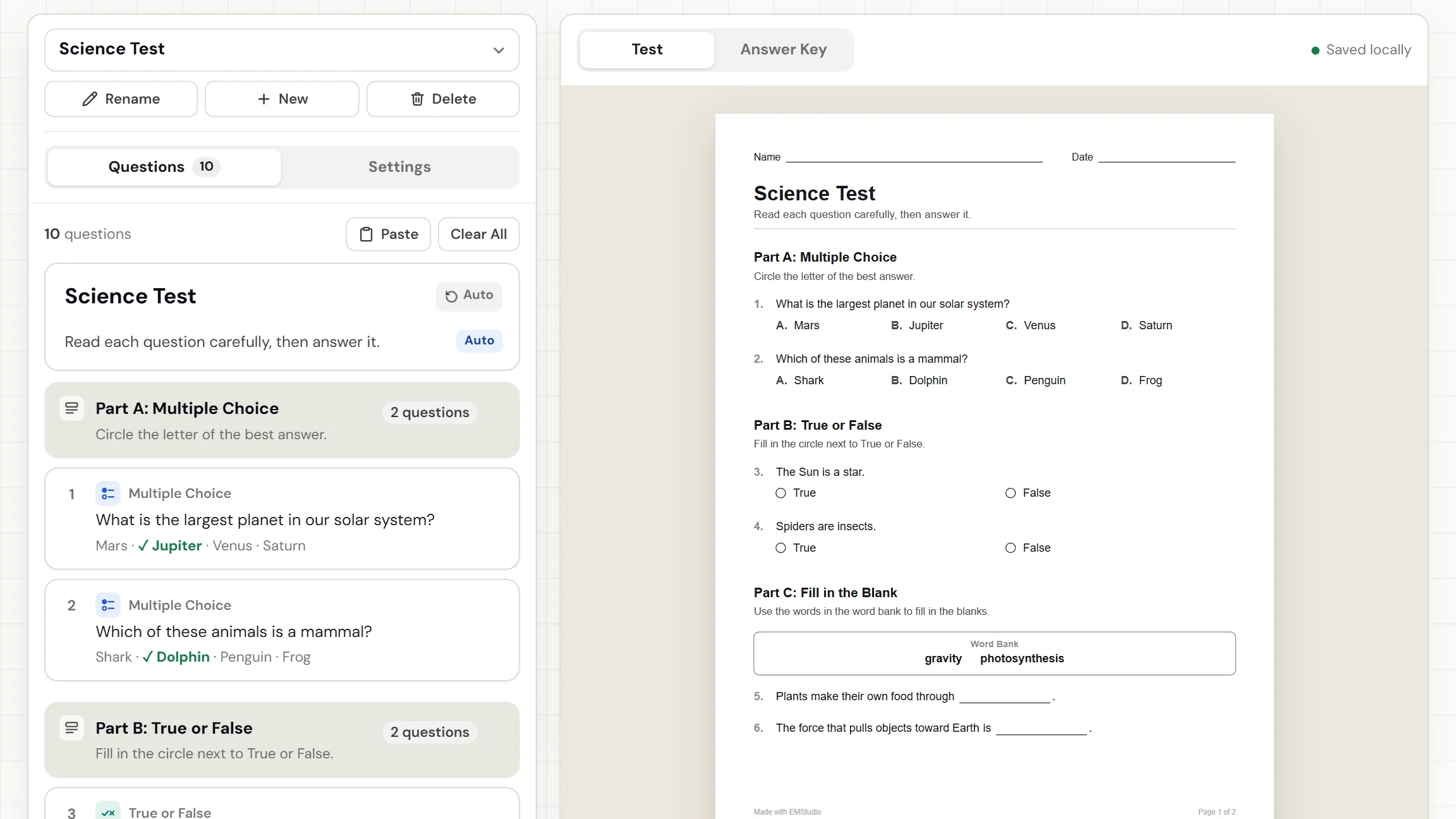 The EMStudio test maker showing a science test, with question cards and settings on the left and the printed test on the right