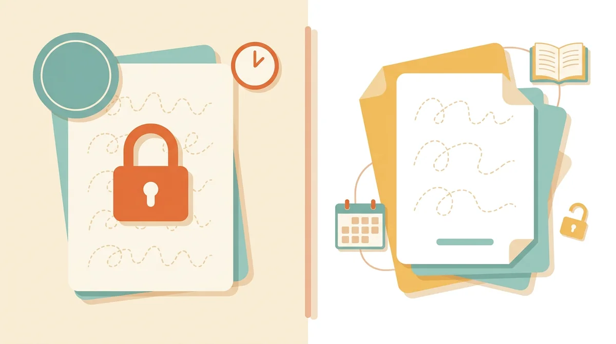 A printed name tracing page beside an unlocked padlock and a crossed-out price tag