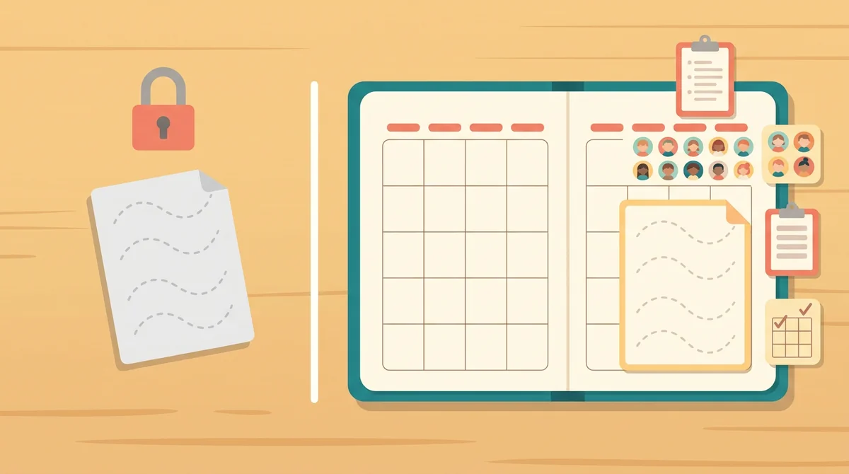 A tablet showing a teacher planner with tiles for lessons, students, grades, and attendance