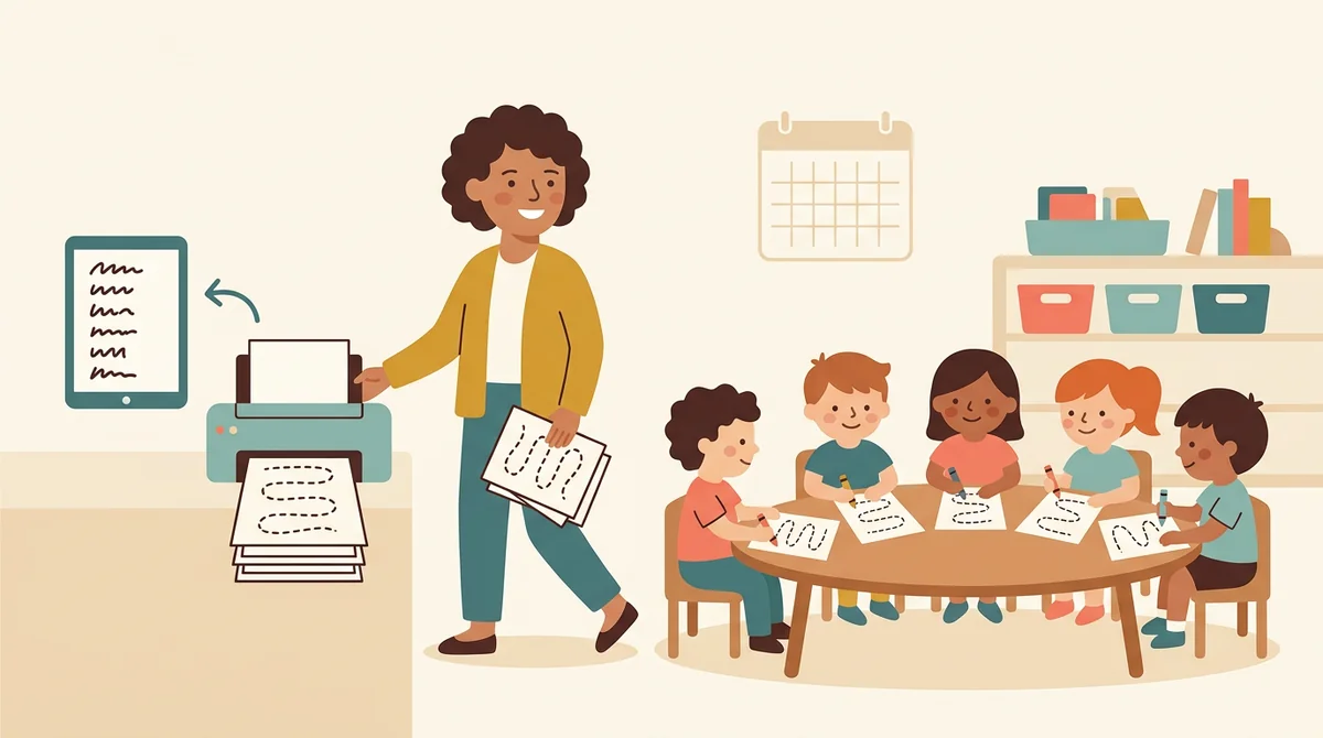 A teacher handing out printed name tracing pages to a row of young children at their desks