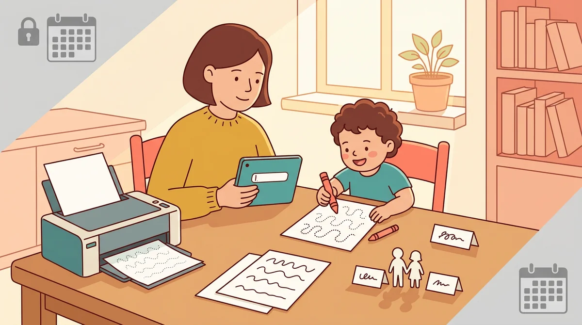 A parent and a child at a kitchen table with a laptop and a printed name tracing page being traced with a pencil
