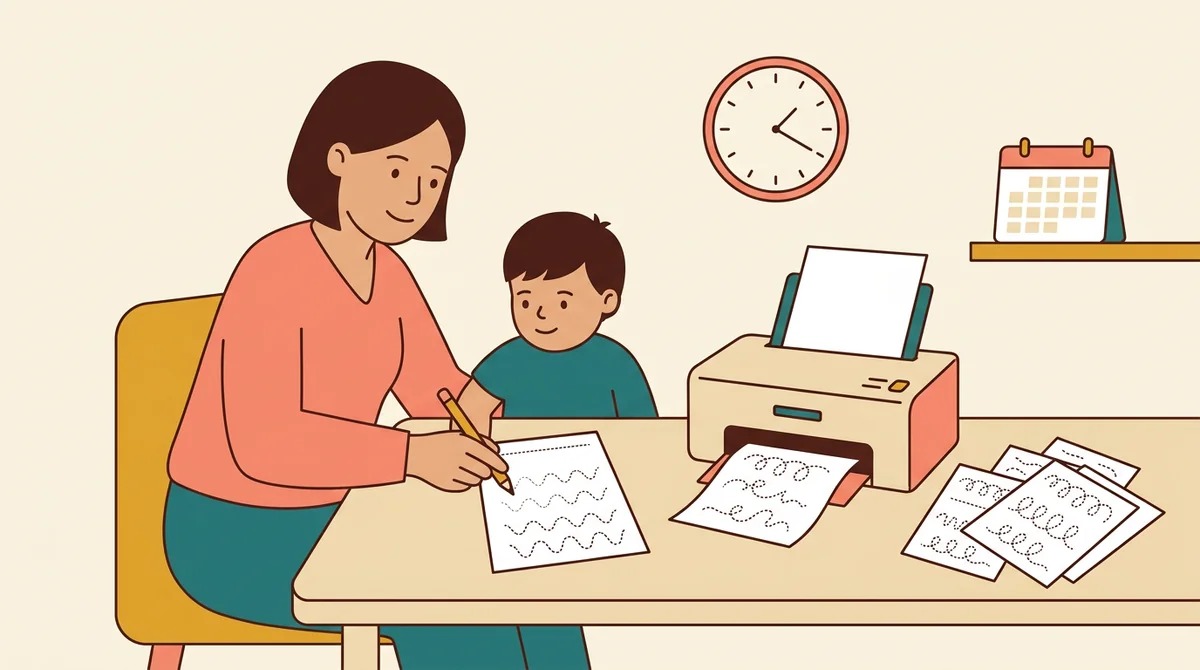 A tutor sitting beside a child at a table while the child traces a printed name page