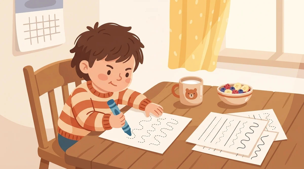A parent and a young child at a kitchen table with a printed name tracing page and a pencil