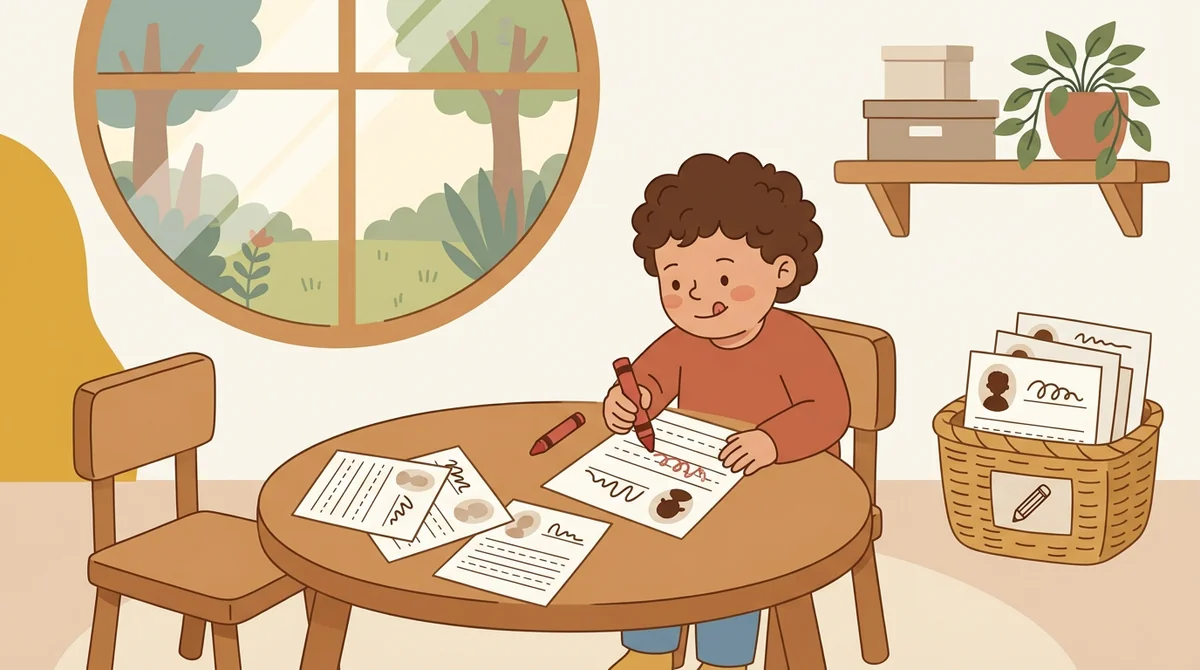 Three young children at a small table, each tracing a printed page with their own name on it