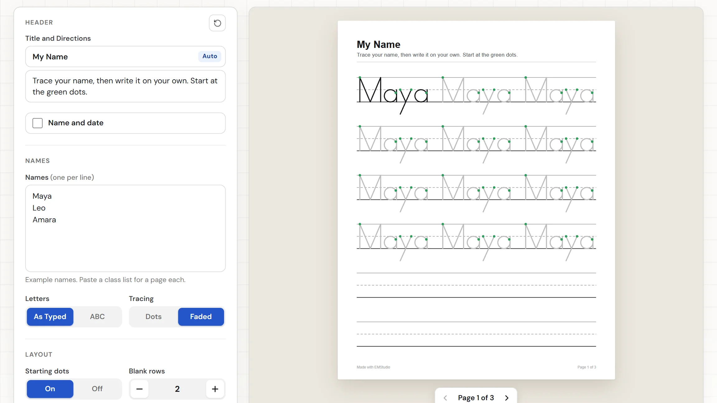 The EMStudio tracing name generator showing a finished page for the name Maya, with the names box and settings on the left and rows of dotted letters on ruled lines on the page