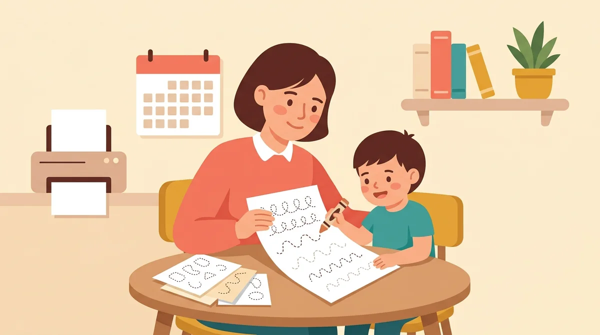 A teacher handing out printed tracing worksheets to young students seated at small desks