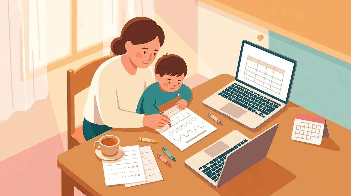 A parent and a child at a kitchen table with a laptop and a tracing worksheet being traced with a pencil