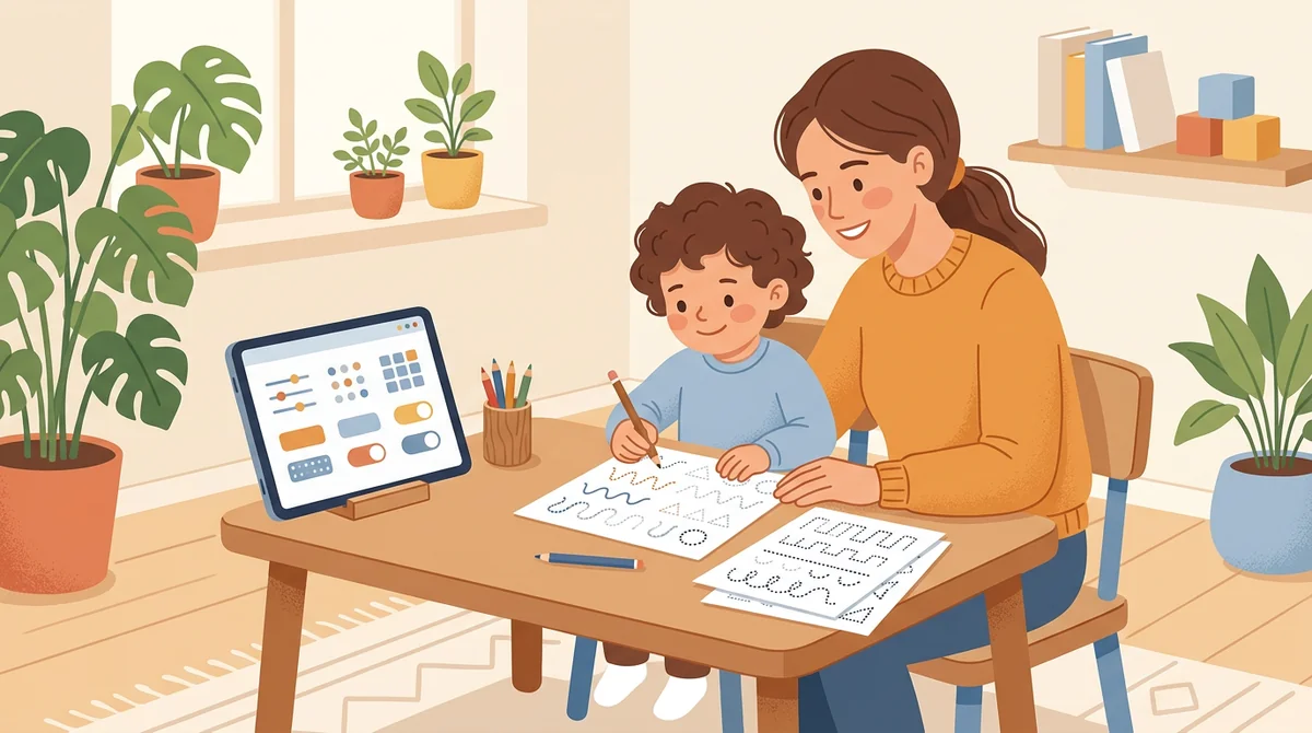 A support teacher sitting beside a student at a table with a printed tracing page and a pencil grip