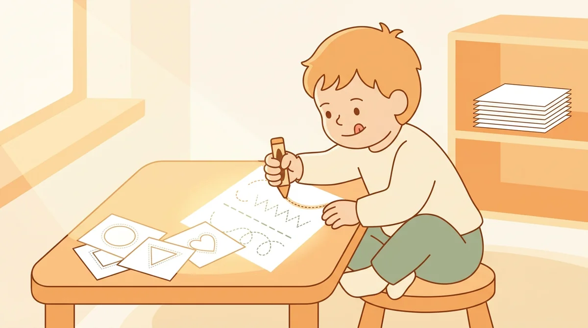 A child at a table tracing a wavy dotted line and a row of dotted shapes with a thick pencil