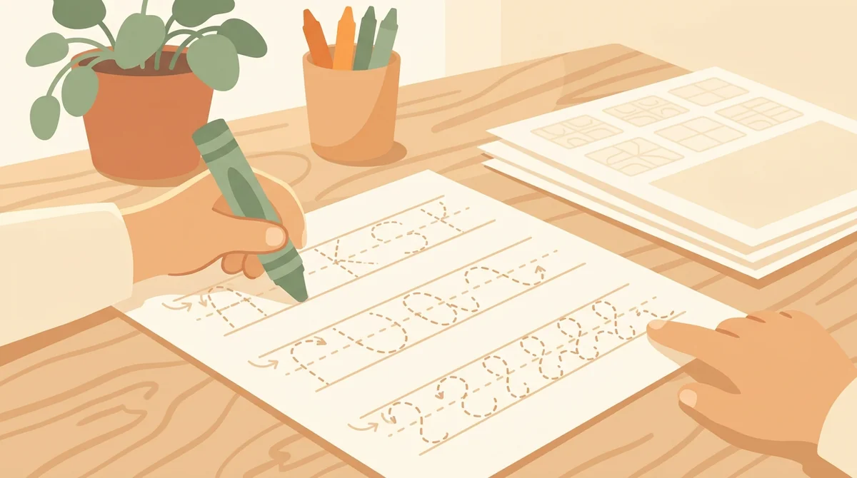 A tutor and a student at a table with a printed worksheet of short words to trace on ruled lines